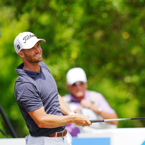 Apr 24, 2022; Avondale, Louisiana, USA; Wyndham Clark reacts after a shot on the 11th tee during the final round of the Zurich Classic of New Orleans golf tournament. Mandatory Credit: Andrew Wevers-USA TODAY Sports